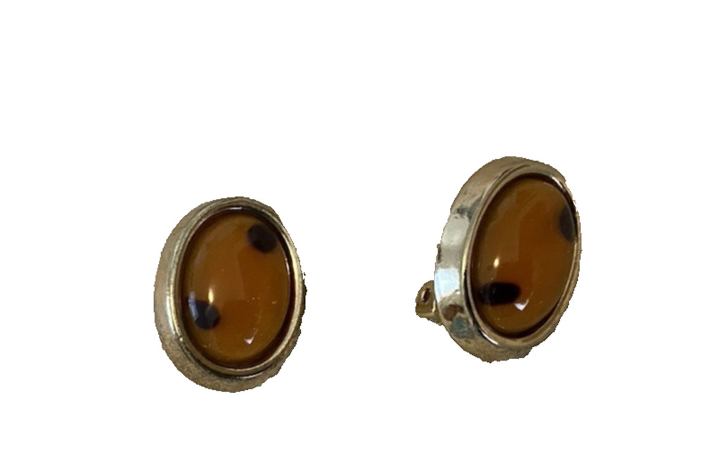 Vtg Oval Clip On Earrings Orange Glitter w Brown Spots Gold Tone Costume Jewelry